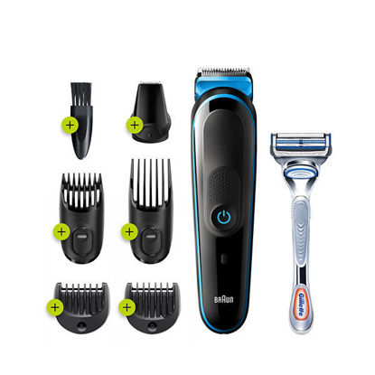 Picture of Braun All in One Hair Trimmer 3 with Gillette Razor for Men, Black/Blue - MGK3242