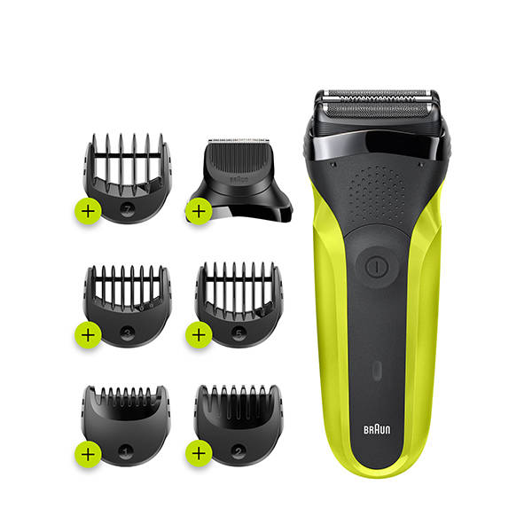 صورة ماكينة حلاقة Series 3 ProSkin Shave & Style 300BT مع مكينة تشذيب اللحية الدقيقة و5 أمشاط، باللون الأخضر المصفر.