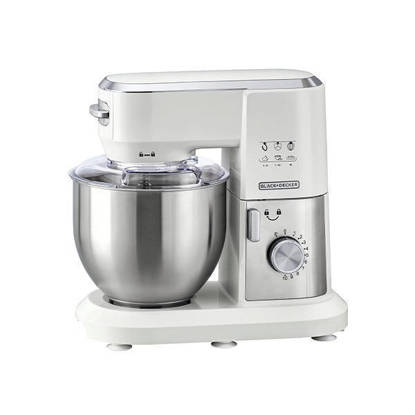 عجان بلاك اند ديكر قدرة 1000 وات مزود بوعاء استانلس ستيل سعة 6 لتر لون ابيض & فضي - MKM100 Black & Decker Stand Mixer Kitchen Machine 1000 Watt With 6 Liter White Silver- MKM100