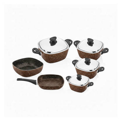 طقم حلل جرانيت مربع سافلون 10 قطع بني مربع Saflon granite Cookware Set 10 Pieces Brown Square
