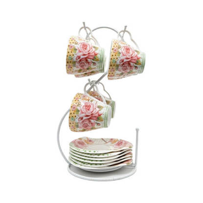 طقم شاي الحداد بالطبس بورسلين 13 قطعة بالحامل El Hadad Tabs tea set 13 pieces with stand - Multi Colors