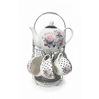 طقم شاي الحداد بالبراد بورسلين 15 قطعة بالحامل El Hadad Tea with teapot set 15 pieces with stand - Multi Colors