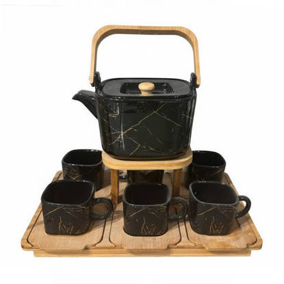 طقم شاي الحداد بالبراد بورسلين 15 قطعة بحامل خشب El Hadad Tea with teapot set 15 pieces with Wooden stand - Multi Colors