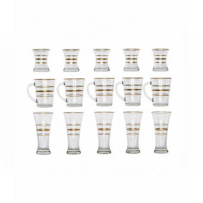 طقم شاي و شوب و قهوة كريستال تركي 18 قطعة - 3 شفه مدهب Turkish Crystal Tea Cups set 18 Pieces - 3 SHEFA GOLD TEA CUPS