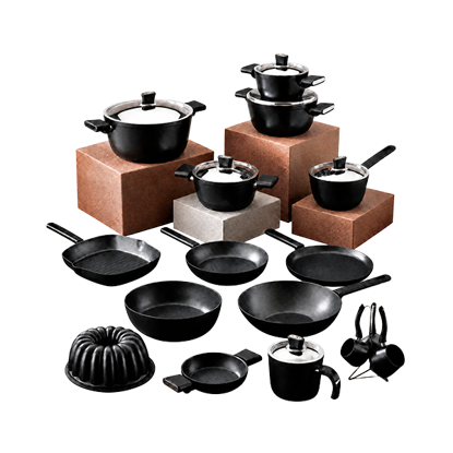 Vivaldi Bio Titanium Cookware Set with Stainless Steel Lids-Turkish - 23 Pieces-Black