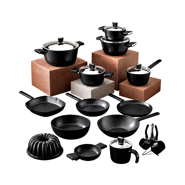 Vivaldi Bio Titanium Cookware Set with Stainless Steel Lids-Turkish - 23 Pieces-Black