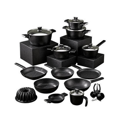 Vivaldi Bio Granite Set with Stainless Steel Lids - Turkish - 23 Pieces - Black