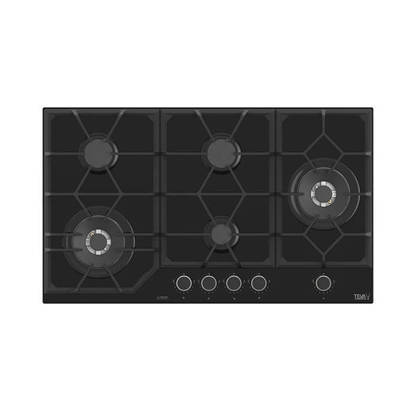 Teva Built-In Gas Hob 90cm Black Glass 5 Burners Cast Iron Sabaf Italian Burners RT185
