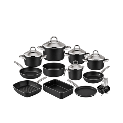 Lines Teflon Set with Stainless Steel Lids - Turkish - 20 Pieces - Black