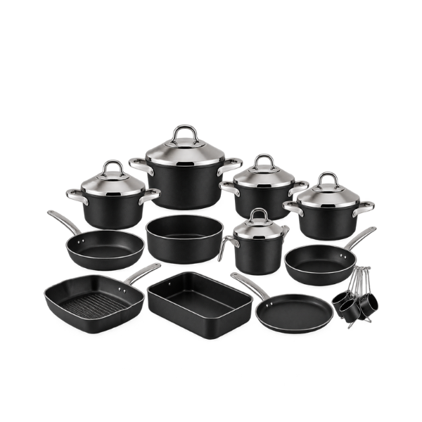 Lines Teflon Set with Stainless Steel Lids - Turkish - 20 Pieces - Black
