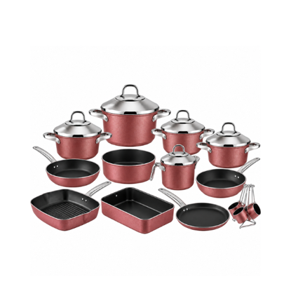 Lines Teflon Set with Stainless Steel Lids - Turkish - 20 Pieces - Redwood