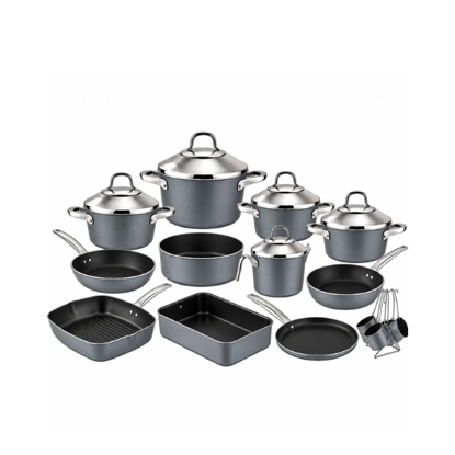 Lines Teflon Set with Stainless Steel Lids - Turkish - 20 Pieces - Grey