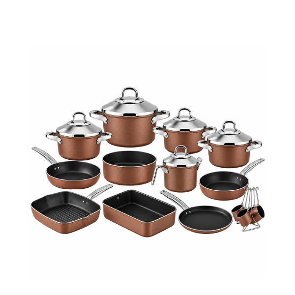 Lines Teflon Set with Stainless Steel Lids - Turkish - 20 Pieces - Copper