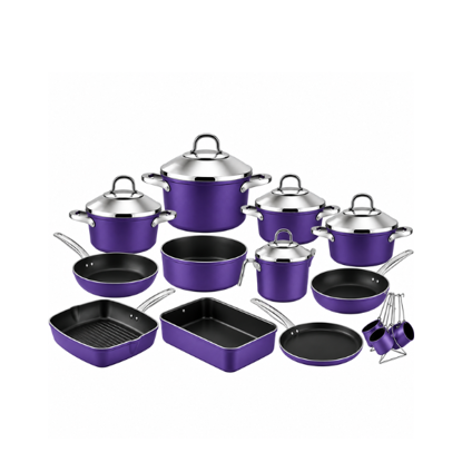 Lines Teflon Set with Stainless Steel Lids - Turkish - 20 Pieces - Eggplant Purple
